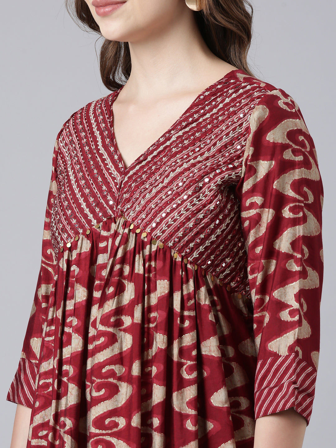 Neerus Maroon Panelled Printed Kurta And Trousers With Dupatta