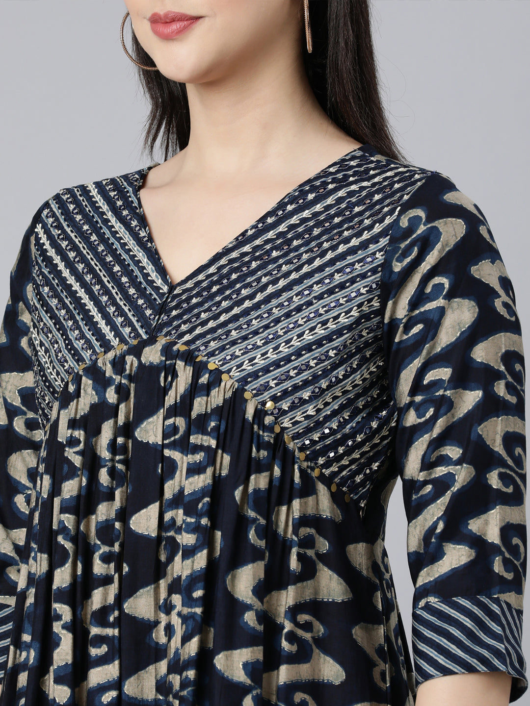 Neerus Navy Blue Panelled Printed Kurta And Trousers With Dupatta