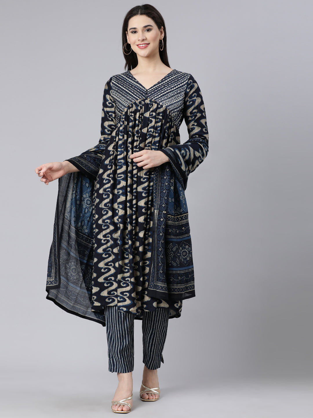 Neerus Navy Blue Panelled Printed Kurta And Trousers With Dupatta