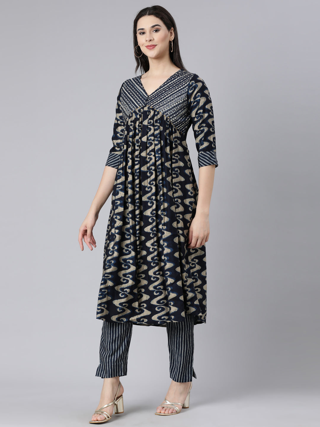 Neerus Navy Blue Panelled Printed Kurta And Trousers With Dupatta