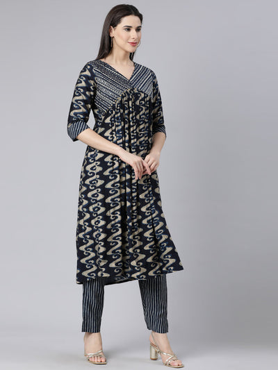 Neerus Navy Blue Panelled Printed Kurta And Trousers With Dupatta