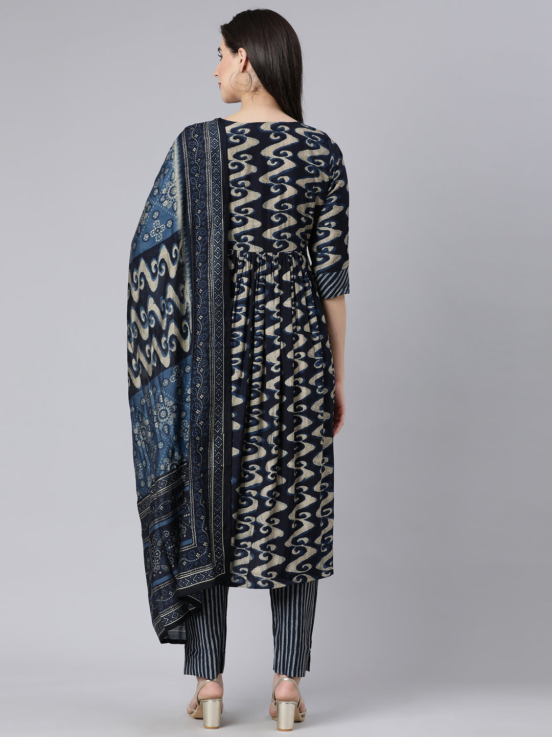 Neerus Navy Blue Panelled Printed Kurta And Trousers With Dupatta