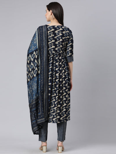 Neerus Navy Blue Panelled Printed Kurta And Trousers With Dupatta