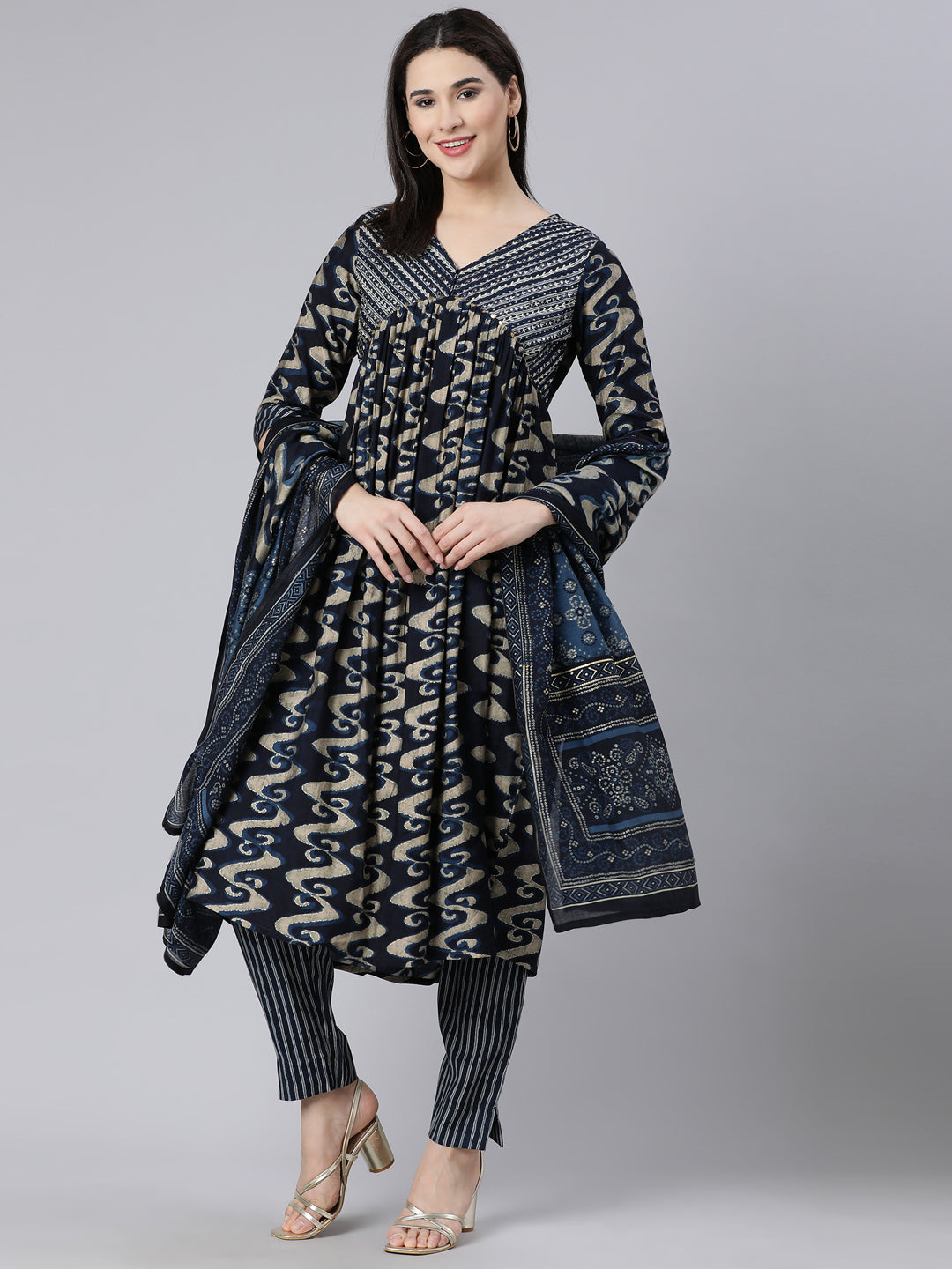 Neerus Navy Blue Panelled Printed Kurta And Trousers With Dupatta