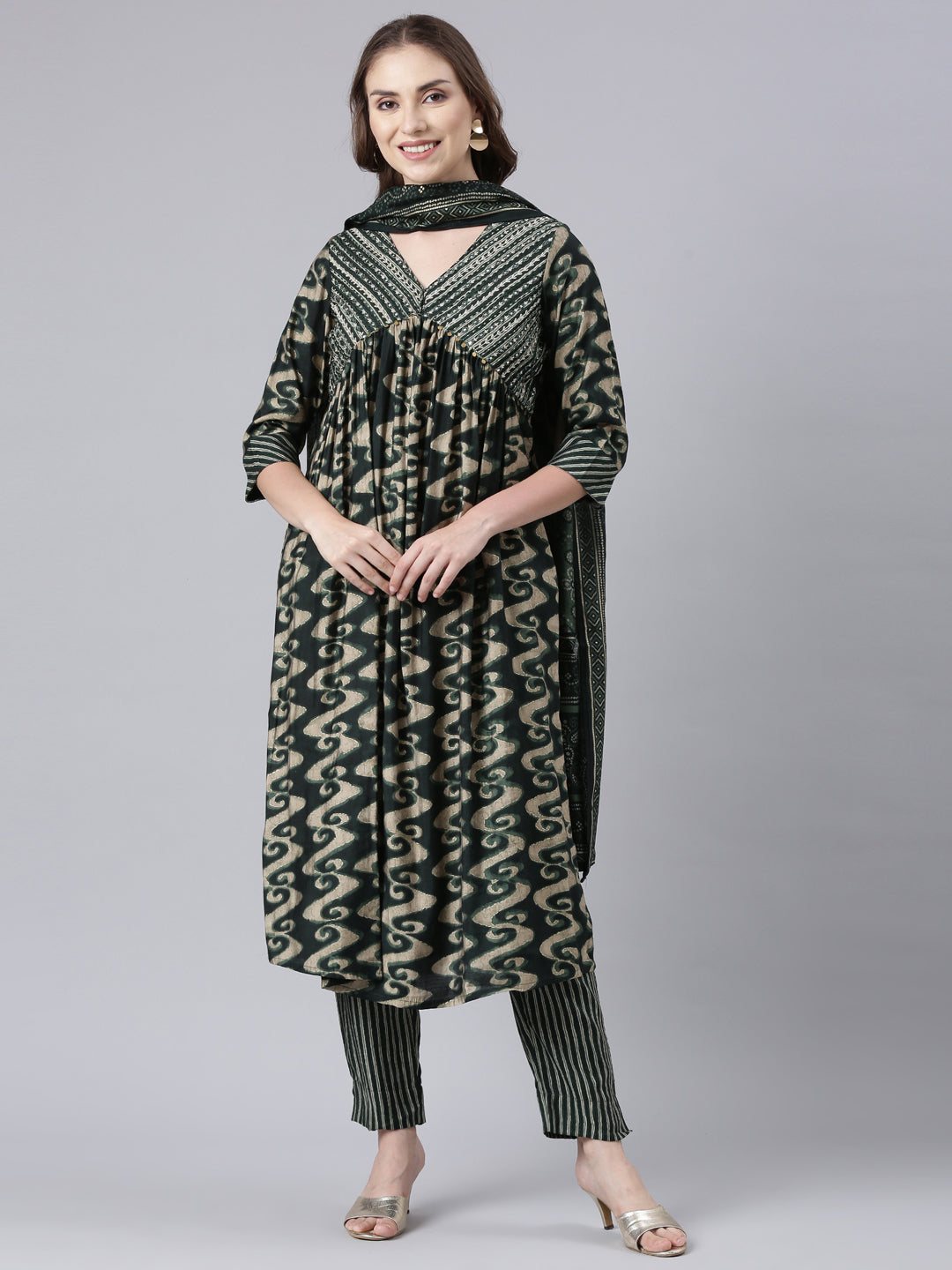 Neerus Olive Panelled Straight Printed Kurta And Trousers With Dupatta