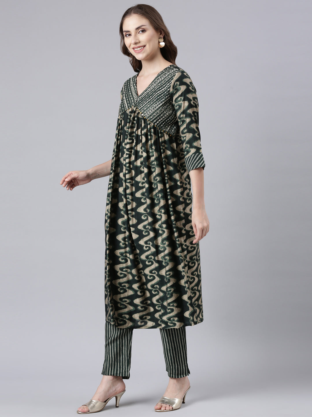 Neerus Olive Panelled Straight Printed Kurta And Trousers With Dupatta