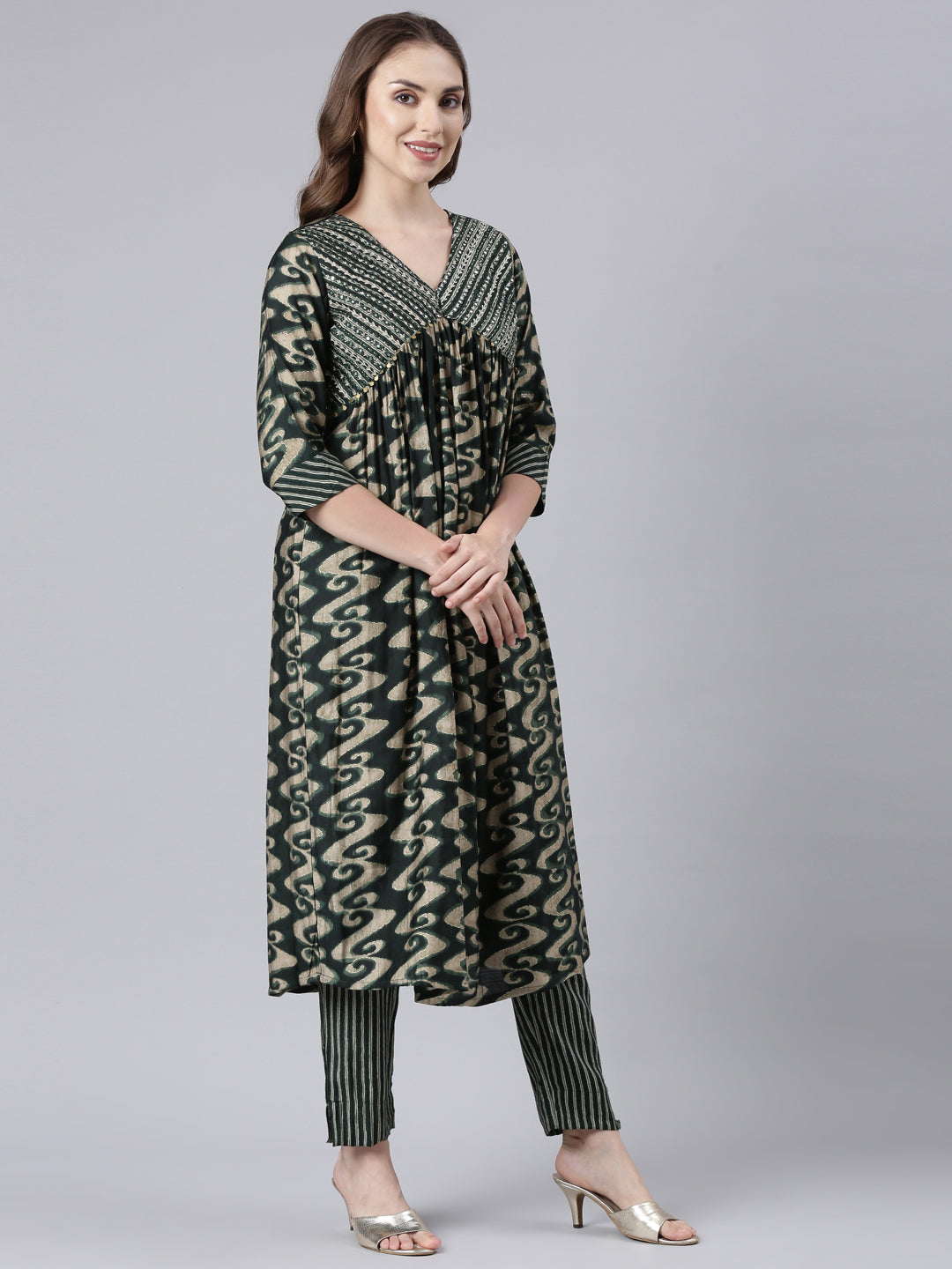 Neerus Olive Panelled Straight Printed Kurta And Trousers With Dupatta