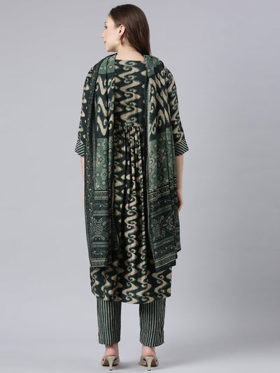 Neerus Olive Panelled Straight Printed Kurta And Trousers With Dupatta