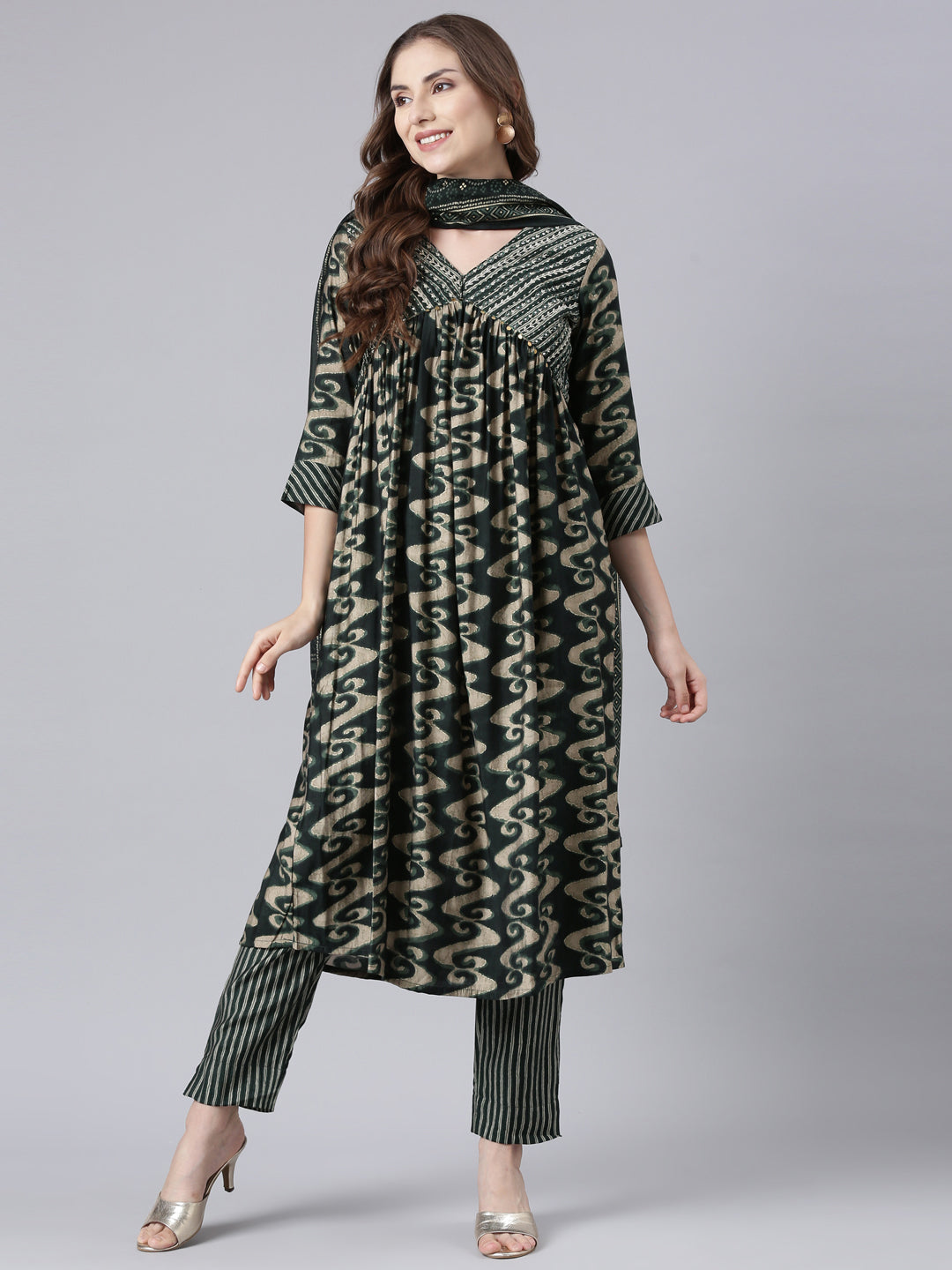 Neerus Olive Panelled Straight Printed Kurta And Trousers With Dupatta