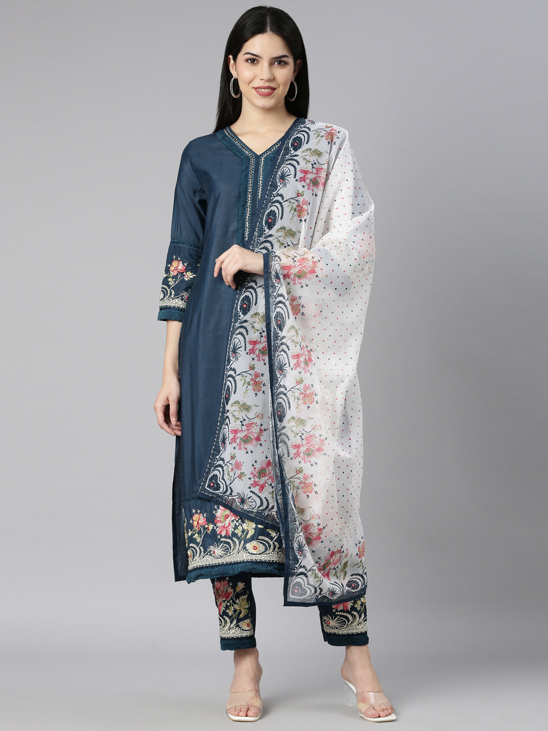 Neerus Blue Regular Straight Floral Kurta And Trousers With Dupatta