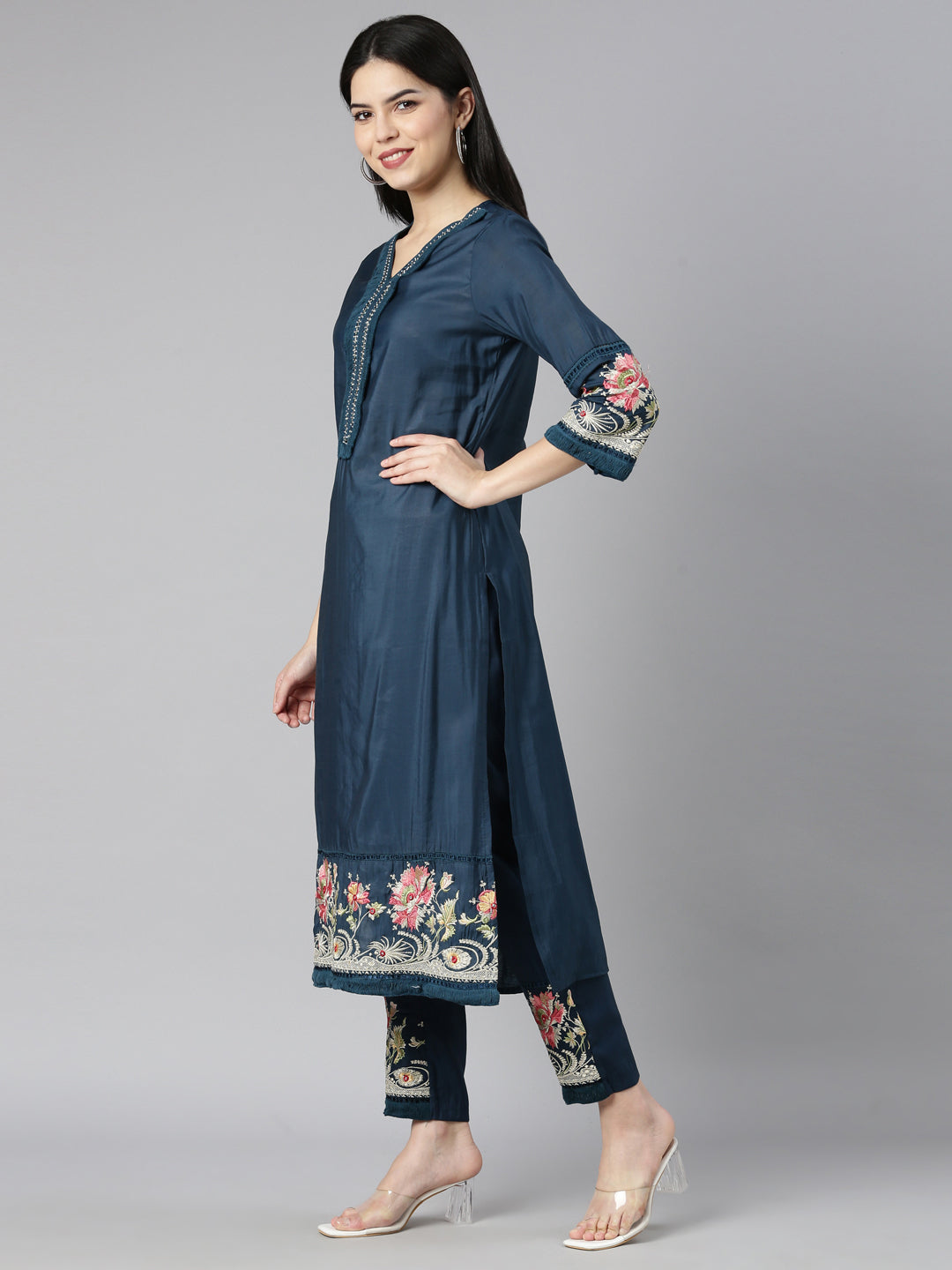 Neerus Blue Regular Straight Floral Kurta And Trousers With Dupatta