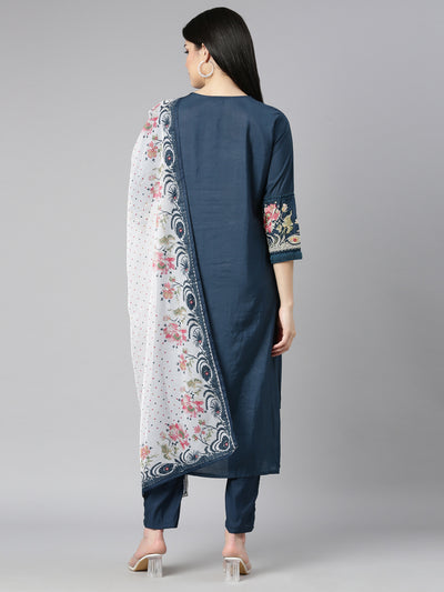 Neerus Blue Regular Straight Floral Kurta And Trousers With Dupatta