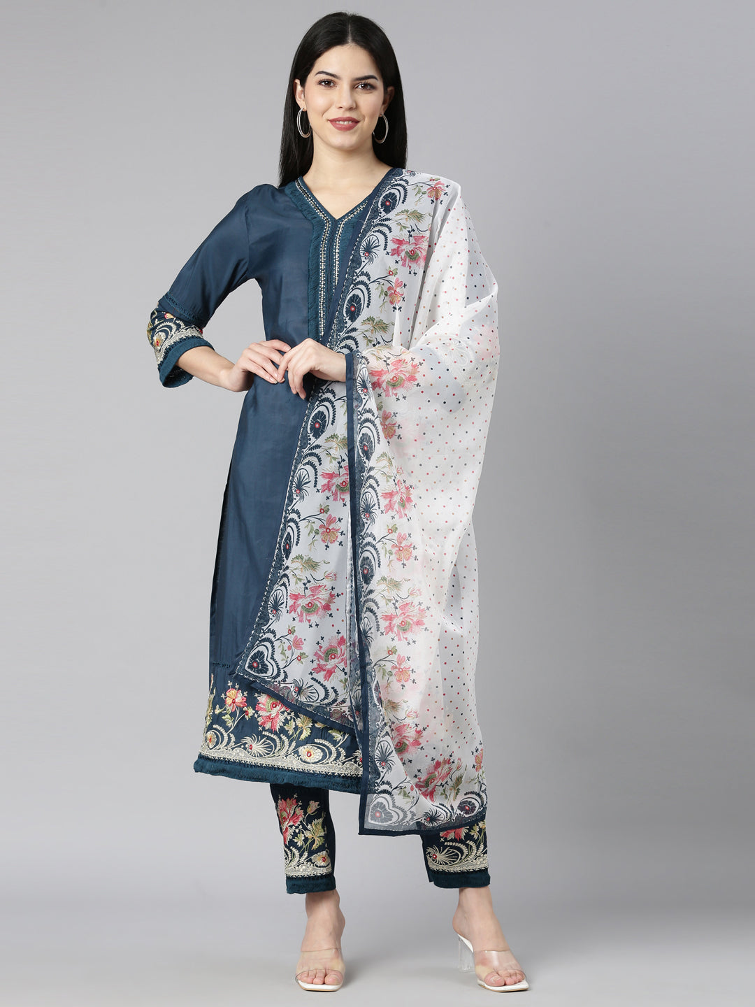 Neerus Blue Regular Straight Floral Kurta And Trousers With Dupatta