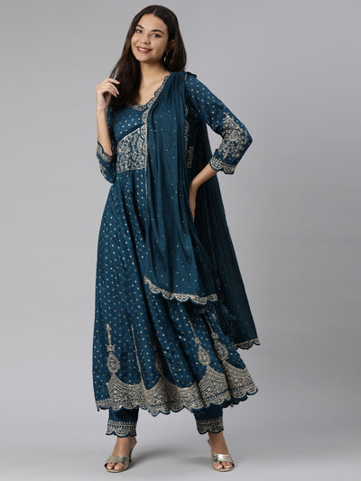 Neeru's Blue Regular Straight Floral Readymade suits