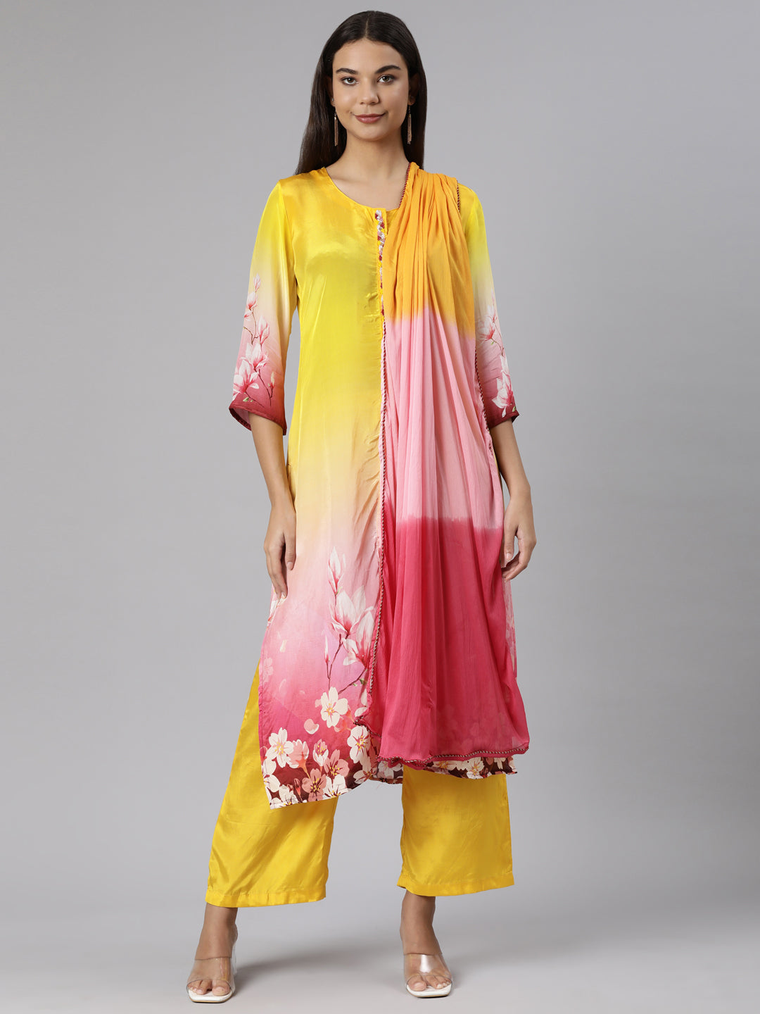 Neeru's Yellow Regular Straight Floral Kurta And Trousers With Dupatta