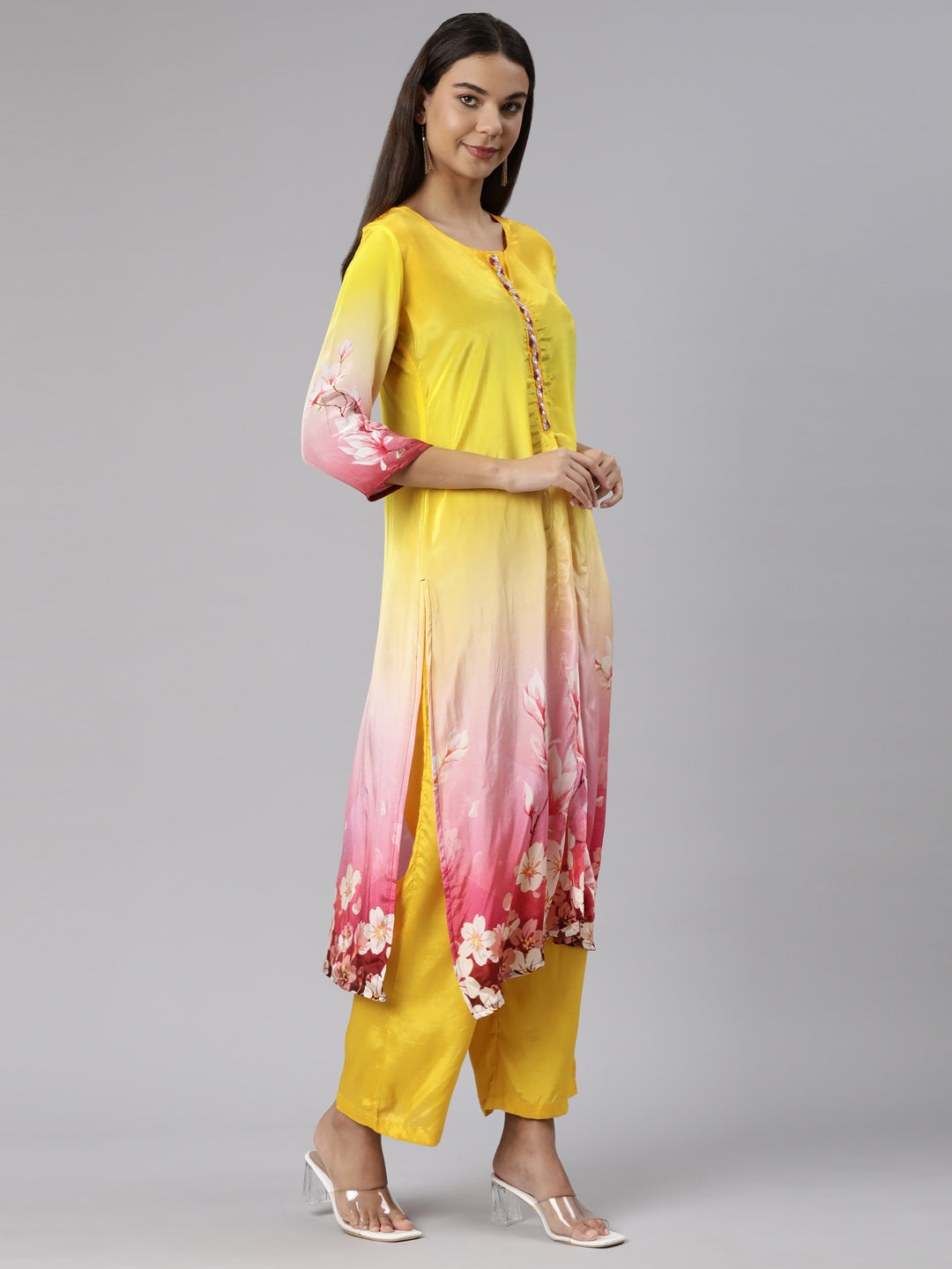 Neeru's Yellow Regular Straight Floral Kurta And Trousers With Dupatta