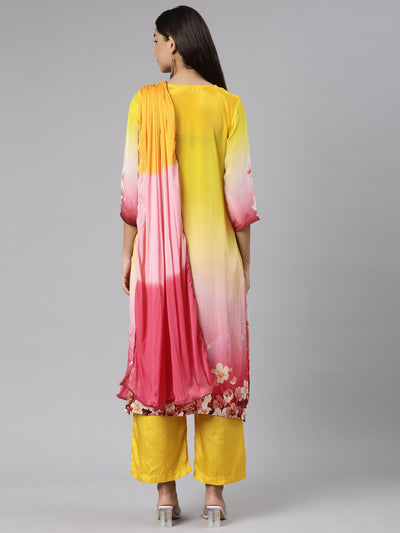 Neeru's Yellow Regular Straight Floral Kurta And Trousers With Dupatta