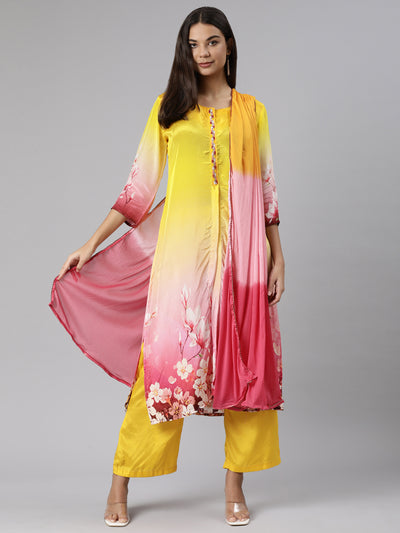 Neeru's Yellow Regular Straight Floral Kurta And Trousers With Dupatta