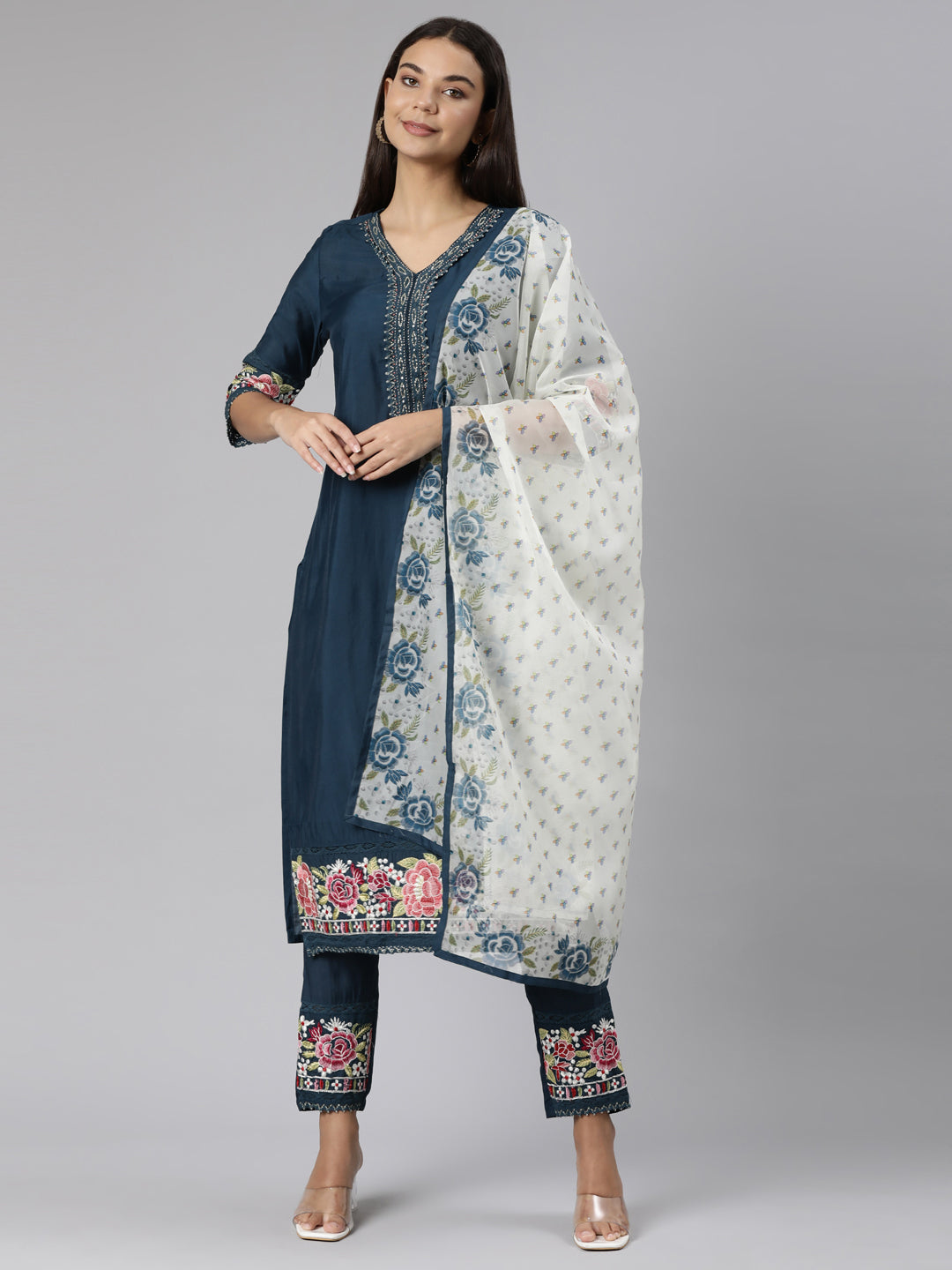 Neeru's Blue Regular Straight Floral Kurta And Trousers With Dupatta