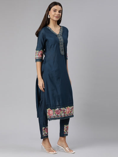 Neeru's Blue Regular Straight Floral Kurta And Trousers With Dupatta