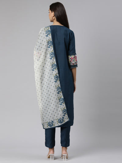 Neeru's Blue Regular Straight Floral Kurta And Trousers With Dupatta