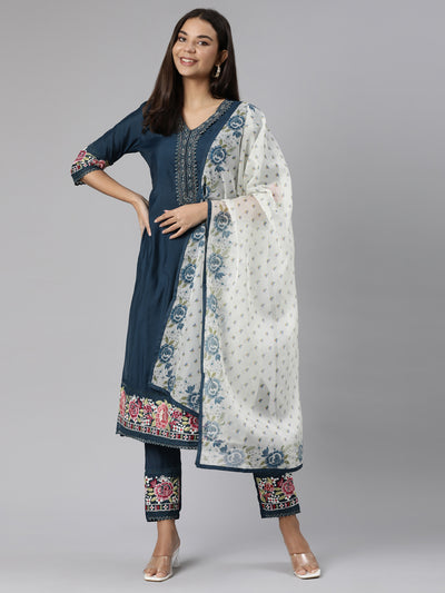 Neeru's Blue Regular Straight Floral Kurta And Trousers With Dupatta