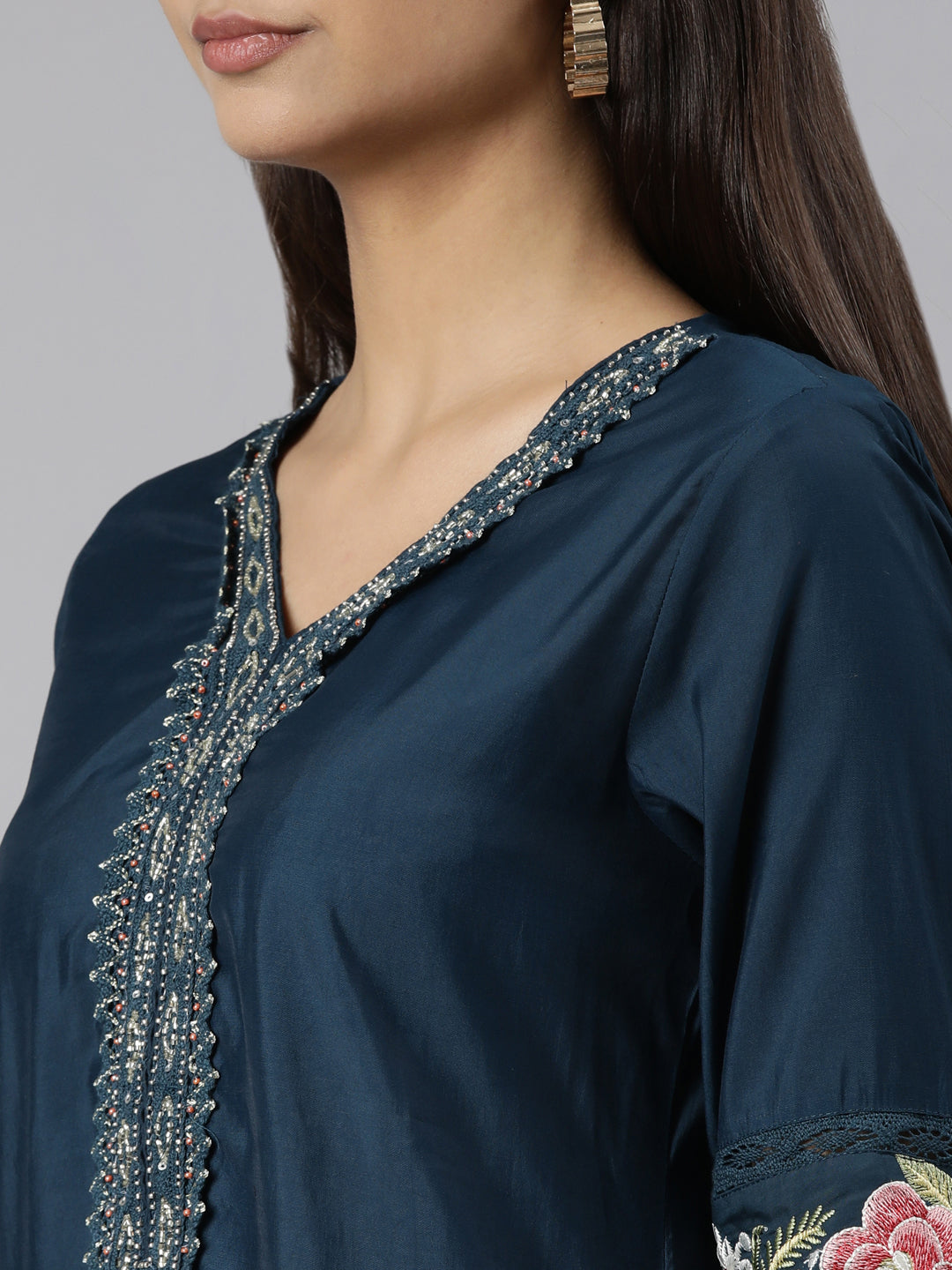 Neeru's Blue Regular Straight Floral Kurta And Trousers With Dupatta