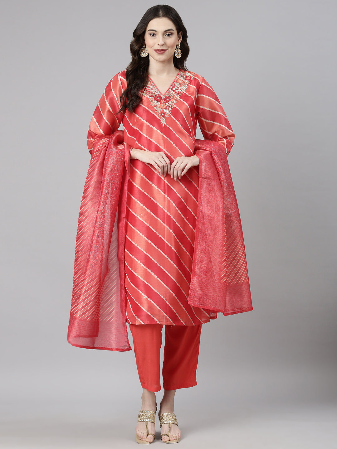 Neerus Red Casual Leheriya Straight Kurta and Trousers With Dupatta