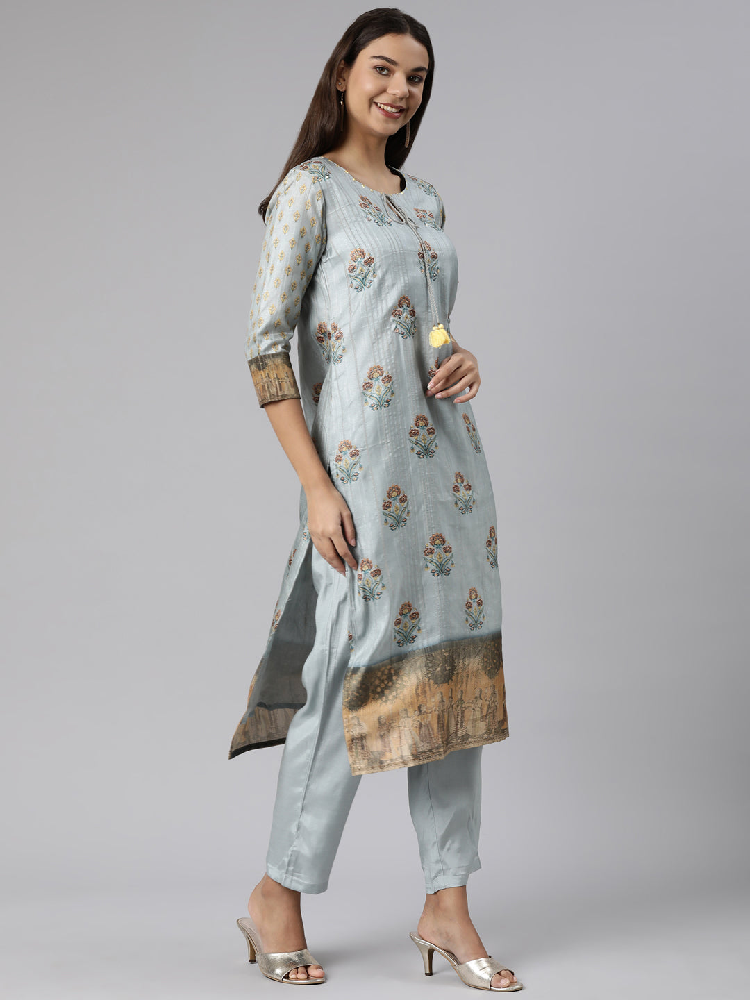 Neeru's Blue Regular Straight Floral Kurta And Trousers With Dupatta