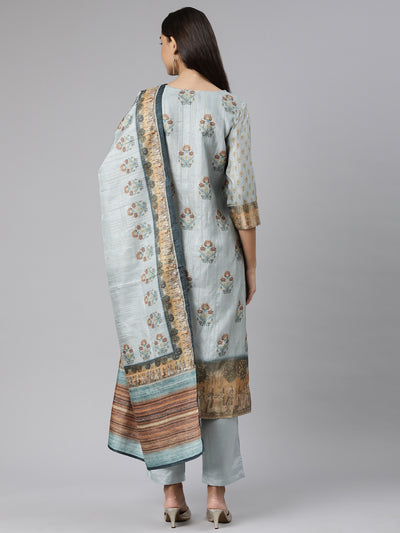 Neeru's Blue Regular Straight Floral Kurta And Trousers With Dupatta