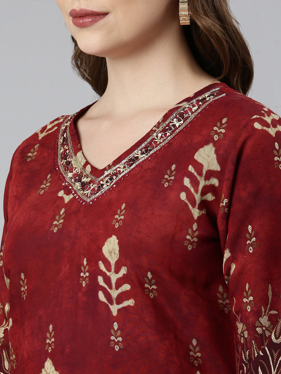 Neerus Maroon Regular Straight Floral Kurta And  Trousers With Dupatta