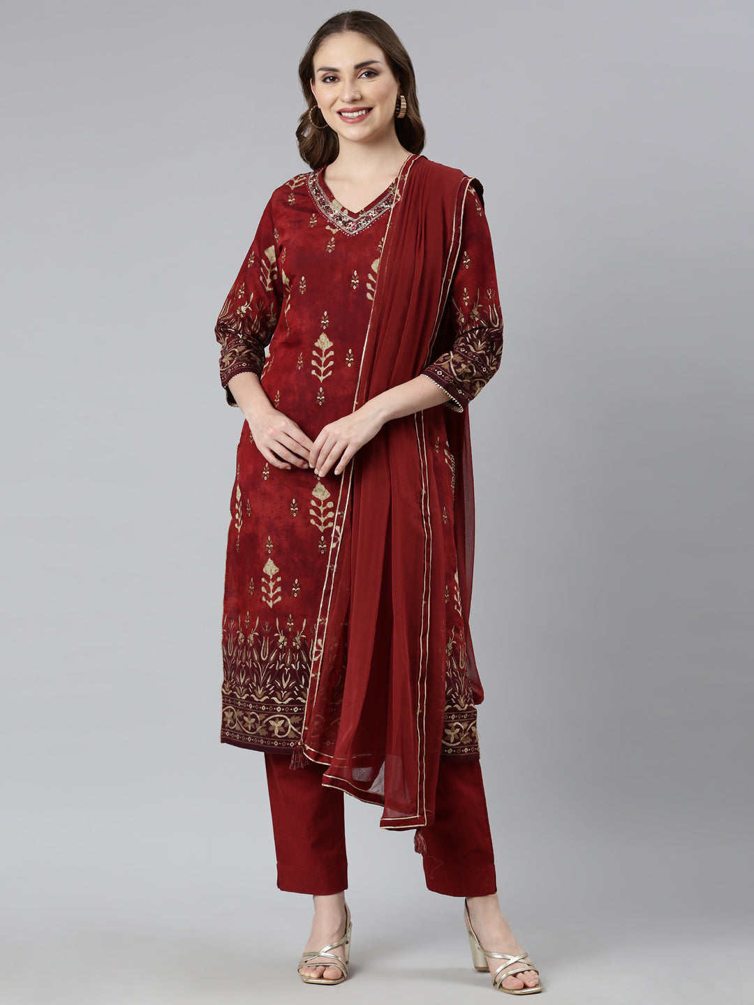 Neerus Maroon Regular Straight Floral Kurta And  Trousers With Dupatta