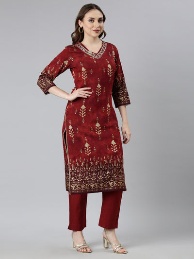 Neerus Maroon Regular Straight Floral Kurta And  Trousers With Dupatta