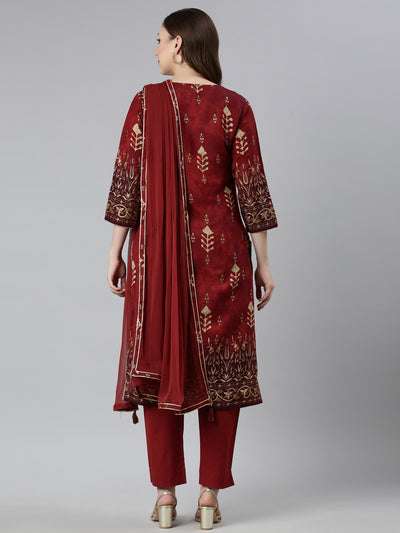 Neerus Maroon Regular Straight Floral Kurta And  Trousers With Dupatta