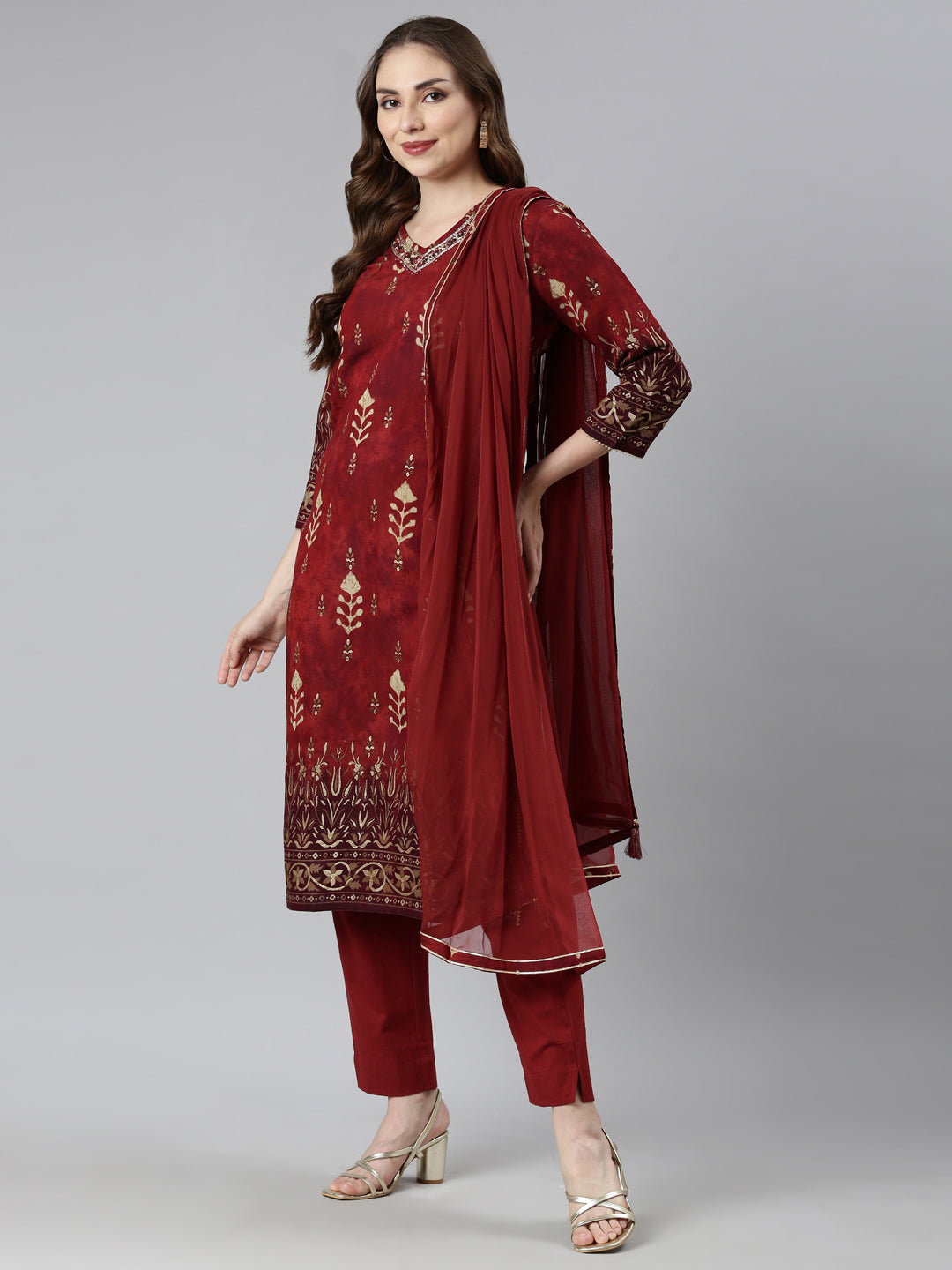 Neerus Maroon Regular Straight Floral Kurta And  Trousers With Dupatta