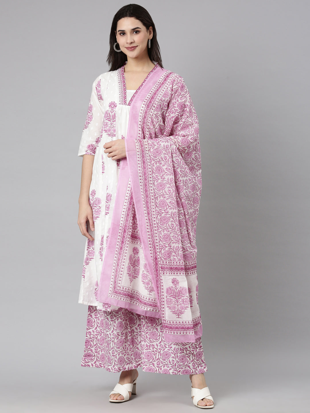 Neerus Lavender Regular Straight Floral Kurta And  Palazzos With Dupatta