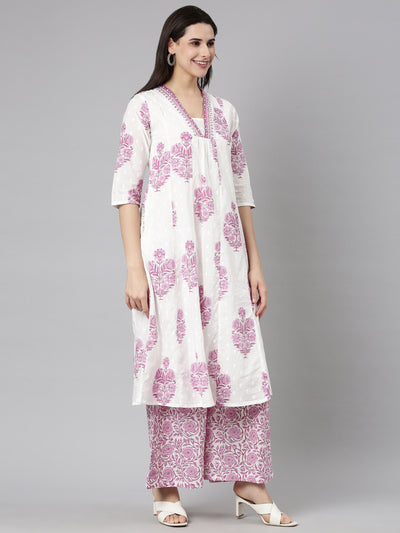 Neerus Lavender Regular Straight Floral Kurta And  Palazzos With Dupatta