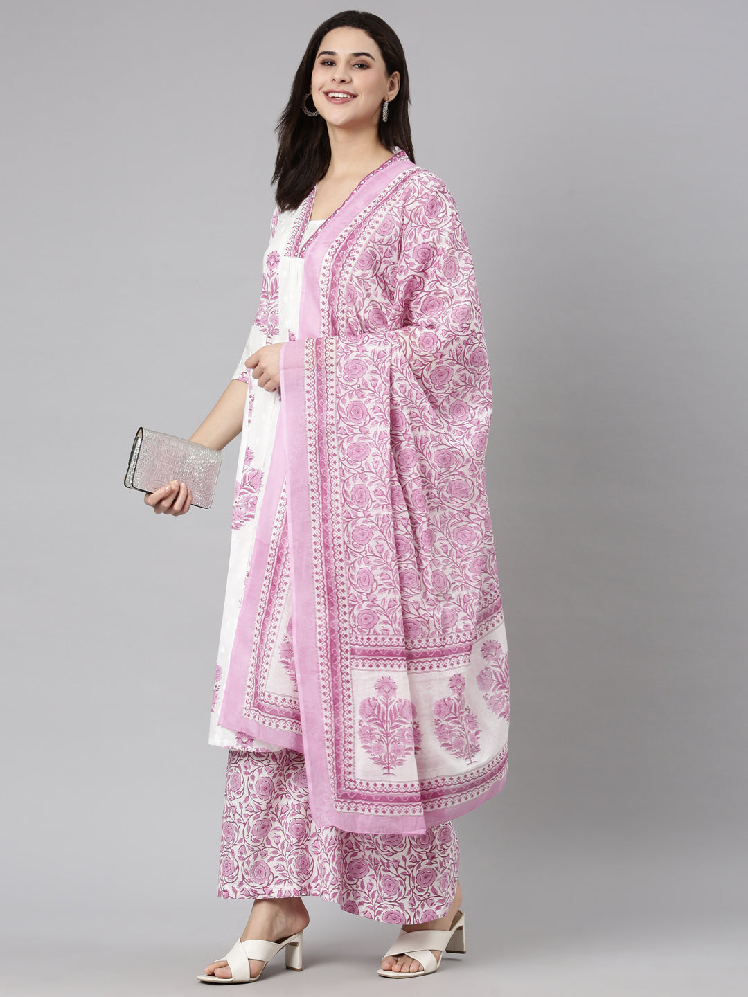 Neerus Lavender Regular Straight Floral Kurta And  Palazzos With Dupatta