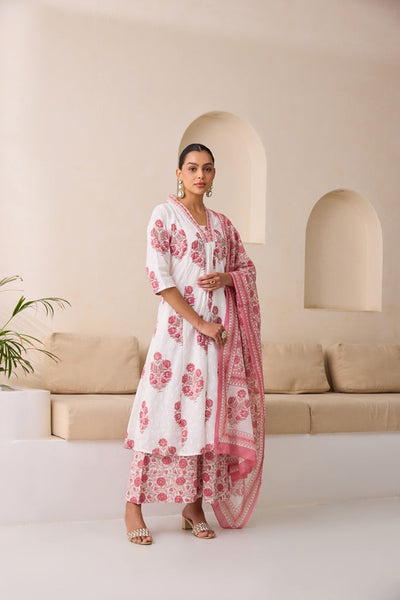 Neerus Onion Flared Printed Kurta And Palazzo With Dupatta