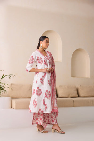 Neerus Onion Flared Printed Kurta And Palazzo With Dupatta