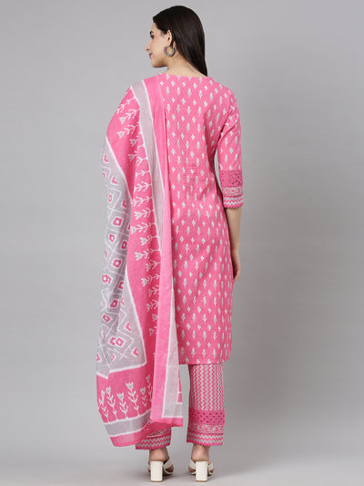 Neerus Pink Regular Straight Floral Kurta And  Trousers With Dupatta