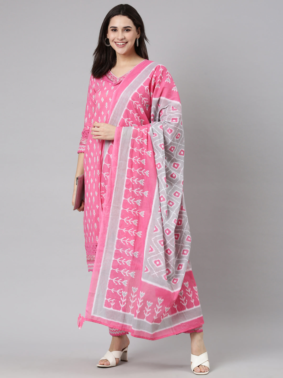 Neerus Pink Regular Straight Floral Kurta And  Trousers With Dupatta