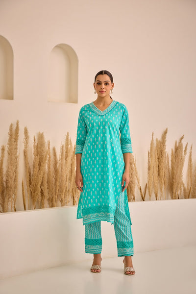 Neerus Sea Green Straight Printed Kurta And Trousers With Dupatta