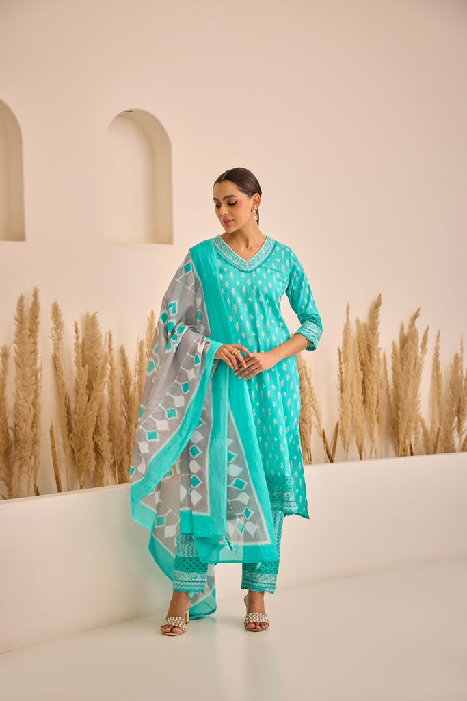 Neerus Sea Green Straight Printed Kurta And Trousers With Dupatta