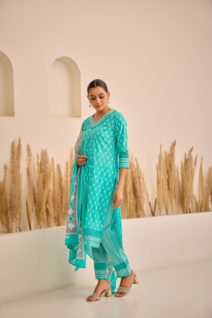 Neerus Sea Green Straight Printed Kurta And Trousers With Dupatta