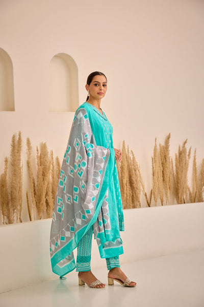 Neerus Sea Green Straight Printed Kurta And Trousers With Dupatta