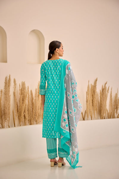 Neerus Sea Green Straight Printed Kurta And Trousers With Dupatta