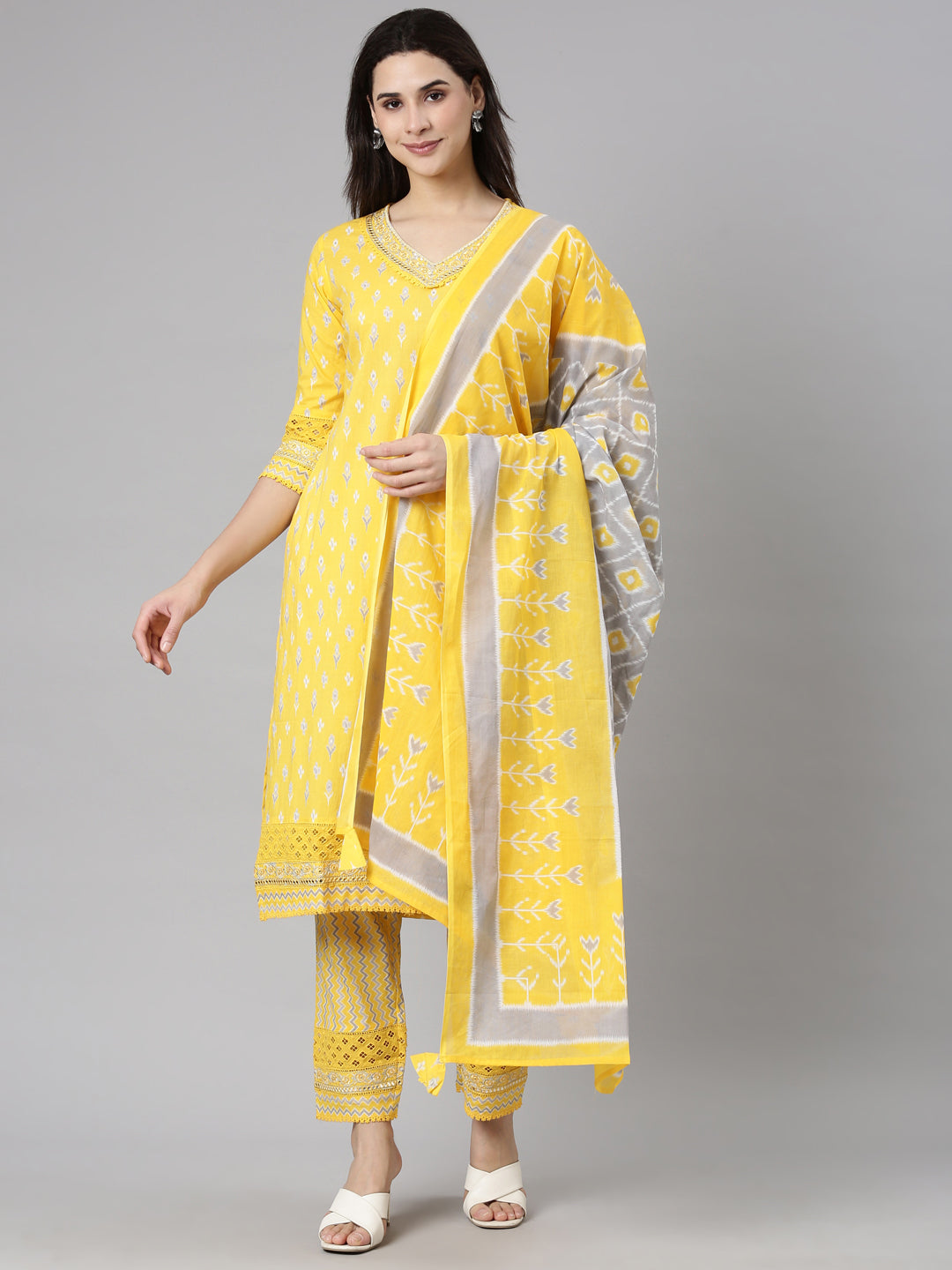 Neerus Yellow Regular Straight Floral Kurta And  Trousers With Dupatta