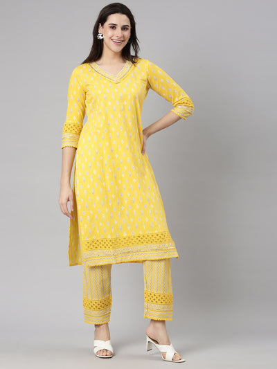 Neerus Yellow Regular Straight Floral Kurta And  Trousers With Dupatta