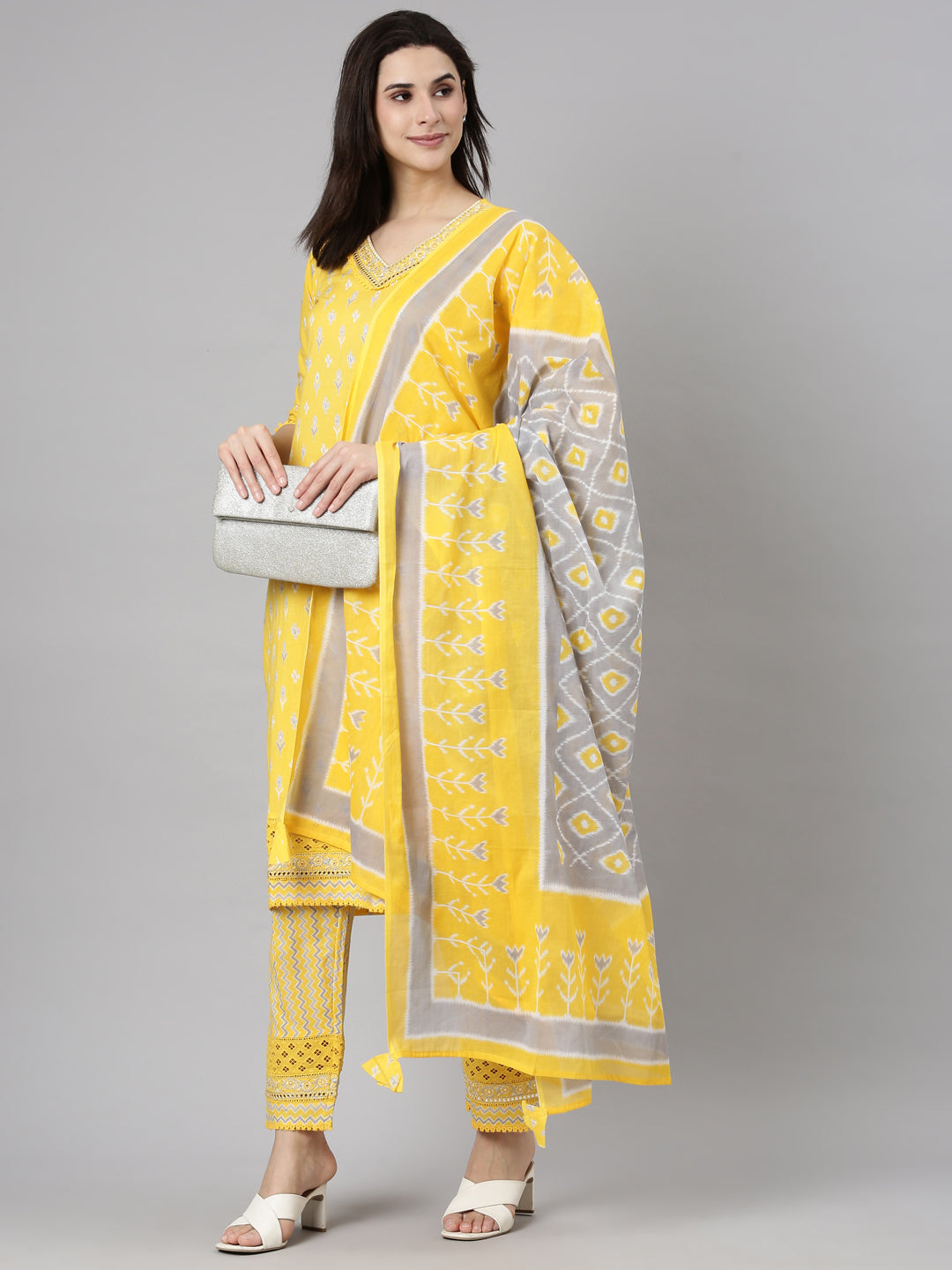 Neerus Yellow Regular Straight Floral Kurta And  Trousers With Dupatta